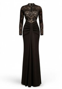 Lange zwarte jurk met een kanten lijfje, lange mouwen en een aangesloten rok met plooien. Gladde textuur met verfijnde kanten details.