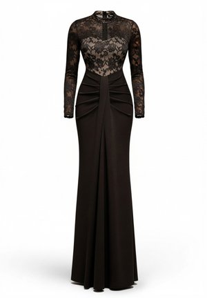 Vestido largo negro con cuerpo de encaje, mangas largas y falda ajustada con pliegues. Textura lisa con detalles intrincados de encaje.