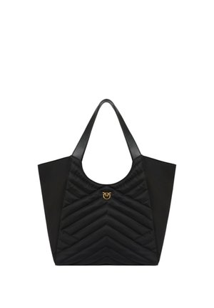 Borsa tote nera con un design a zigzag trapuntato, tracolle in pelle e un'apertura circolare. Presenta un dettaglio con logo in tono oro al centro.
