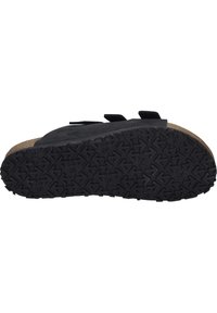 Sandale noire avec une semelle en liège, semelle extérieure en caoutchouc texturée avec un motif de bande de roulement géométrique, et deux sangles réglables.