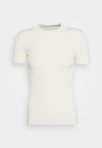 Haut blanc à manches courtes avec une texture côtelée, présentant un col montant et une coupe ajustée. Fini lisse sans matériel ou accents visibles.