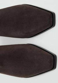 Stivali ankle in suede marrone con design a punta e suole in gomma nere. Texture liscia con una finitura elegante e moderna.