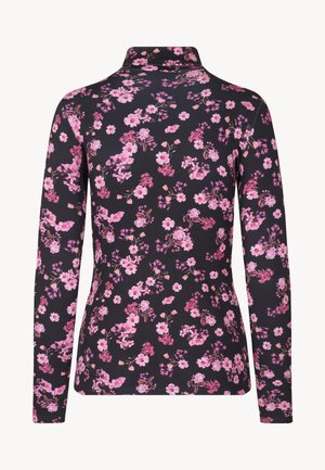 Langarmig zwart overhemd met bloemenpatroon in roze en wit. Zachte stof met een aansluitend ontwerp en een opstaande kraag.