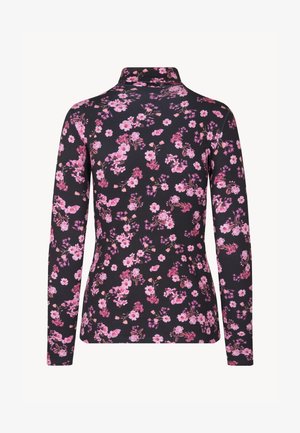 Langarmig zwart overhemd met bloemenpatroon in roze en wit. Zachte stof met een aansluitend ontwerp en een opstaande kraag.