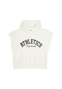 Felpa senza maniche con cappuccio bianco, con la scritta "ATHLETICS" e "PLAY TO WIN" stampata in nero. Include una tasca frontale e orlo a coste.