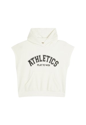 Felpa senza maniche con cappuccio bianco, con la scritta "ATHLETICS" e "PLAY TO WIN" stampata in nero. Include una tasca frontale e orlo a coste.