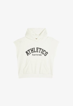 Valkoinen huppariton, jossa on huppu ja mustat painatukset "ATHLETICS" ja "PLAY TO WIN". Sisältää etutaskun ja ribattua helmaa.
