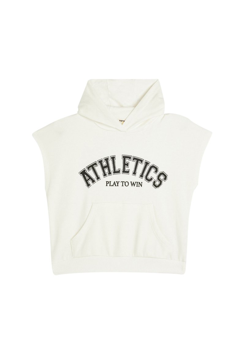 Felpa senza maniche con cappuccio bianco, con la scritta "ATHLETICS" e "PLAY TO WIN" stampata in nero. Include una tasca frontale e orlo a coste.