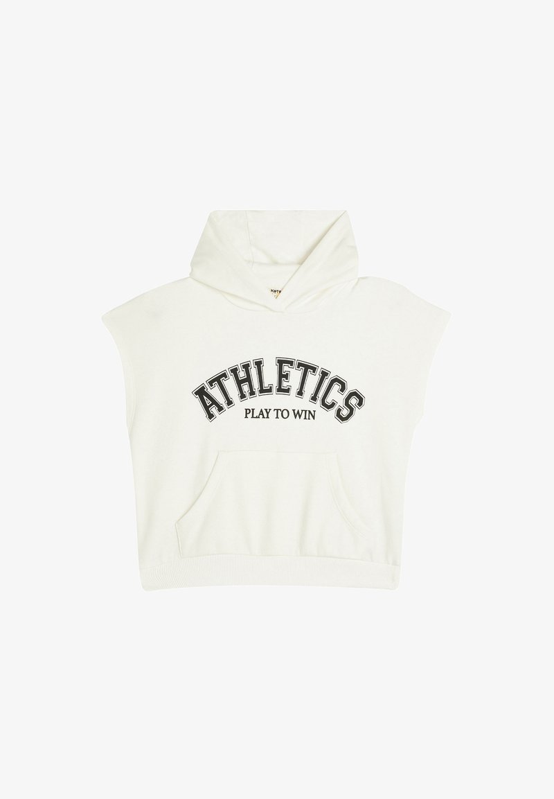 Valkoinen huppariton, jossa on huppu ja mustat painatukset "ATHLETICS" ja "PLAY TO WIN". Sisältää etutaskun ja ribattua helmaa.