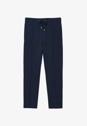 Pantaloni blu navy realizzati in tessuto morbido, con vita regolabile con cordino, vestibilità diritta e due pieghe frontali per un tocco di dettaglio in più.