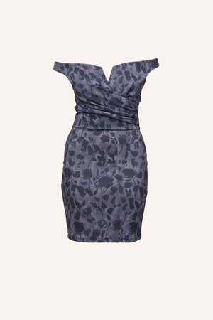 Vestito senza maniche aderente, grigio con motivo floreale scuro, caratterizzato da una scollatura profonda e vita arricciata per un silhouette strutturata.