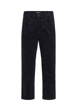 Navy Corduroy-Hosen mit geradem Schnitt, ausgestattet mit einem Knopfverschluss, zwei Fronttaschen und strukturierten vertikalen Streifen.