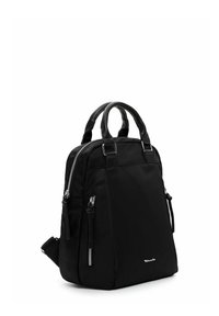Black nylon backpack with dual handles, a zippered main compartment, and two front pockets. Features smooth texture and silver hardware accents.