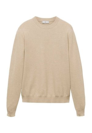 Beige gebreide trui met een ronde halslijn, geribde manchetten en zoom. De stof heeft een getextureerd patroon doorheen.