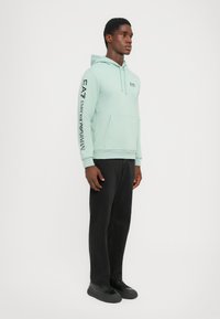 Male model wearing light green Emporio Armani hoodie with logo on sleeve and chest, paired with loose black pants and black sneakers, standing.