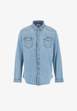 Svjetloplava traper košulja dugih rukava, s gumbima sprijeda, dva džepa na prsima i detaljima u zapadnjačkom stilu. Mekana tekstura, ležeran kroj.