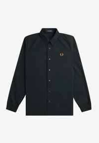 Calzino nero a maniche lunghe con colletto button-down, caratterizzato da un logo oro a lira sul petto e un tessuto liscio e testurizzato.