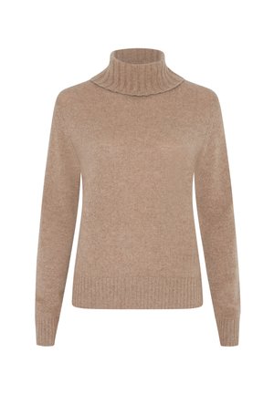 Beige coltrui gemaakt van zachte stof, met een geribde hoge kraag en manchetten, en een gladde, gestructureerde body.