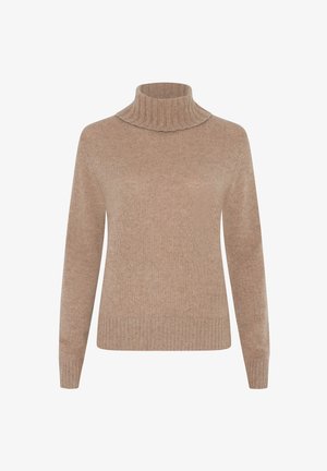 Maglione beige con collo alto a coste, realizzato in un morbido tessuto, con un corpo liscio e strutturato.