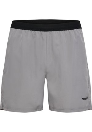 Szare sportowe krótkie spodenki z czarnym elastycznym paskiem i małym logo "hummel" na dolnej, lewej nogawce.