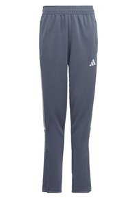 Dunkelgraue Sporthosen mit einer taillierten Design, elastischem Bund und weißen Seitestreifen, die das Adidas-Logo am Oberschenkel zeigen.