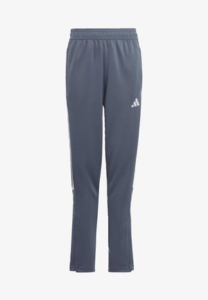 Donkergrijze sportbroek met een toelopend ontwerp, elastische taille en witte zijstrepen met het Adidas-logo op het onderbeen.
