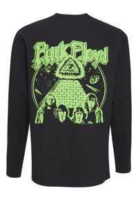 Sort langærmet skjorte med et lysende grønt grafisk motiv af et øje og en pyramide, med fire figurer og "Pink Floyd" tekst ovenfor.