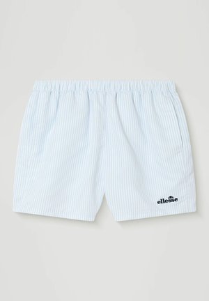 Hellblaue und weiße vertikal gestreifte Shorts mit elastischem Bund und kleinem schwarzem ellesse-Logo am unteren rechten Bein.