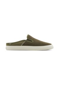 Olive green slip-on shoes with a soft, textured upper, white rubber sole, and contrasting stitching details along the side.