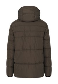 Brown insulated puffer jacket with a hood, featuring horizontal quilting, a smooth texture, and elastic cuffs. Back view only.