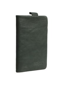 Dark green leather tablet case with a textured surface, featuring a top closure flap and embossed brand logo on the lower front.