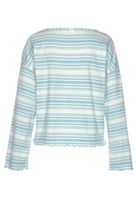 Leichtes Langarmshirt mit horizontalen hellblauen und weißen Streifen, strukturiertem Stoff sowie Rüschen am Saum und an den Ärmelsäumen.