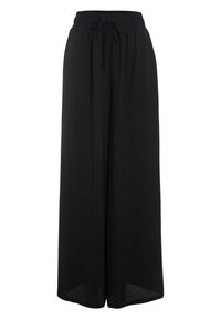 Pantalon large noir en tissu léger avec une taille élastique, un cordon de serrage et une texture lisse sans motifs ni ornements.