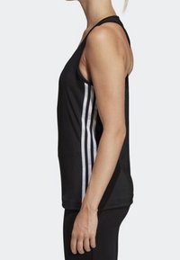 Black athletic tank top featuring three white striped accents down the sides, crafted from lightweight fabric with a relaxed fit.
