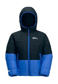 Giacca imbottita con design a blocchi di colore, parte superiore nera e parte inferiore blu. Include un cappuccio e una zip frontale.
