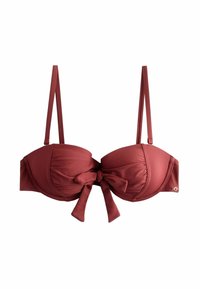 Top de bikini maro roșcat cu un design structurat, căptușit. Prezintă bretele reglabile și un detaliu cu fundă în față. Material neted cu un luciu subtil.
