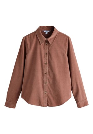 Camicia a maniche lunghe color ruggine realizzata in tessuto strutturato. Presenta un colletto appuntito e chiusura frontale con bottoni marroni.