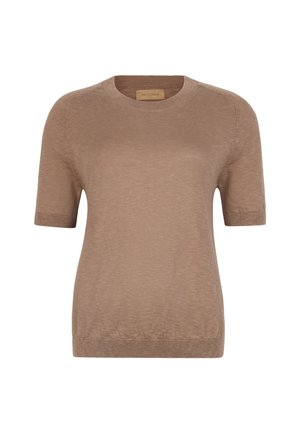 Brun kortärmad stickad tröja med rund halsringning. Mjuk textur och en enkel design, med ribbad muddar och nederkant.