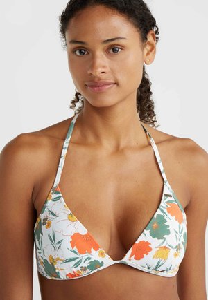 Blumiges Bikini-Oberteil in Weiß mit orangefarbenen, gelben und grünen Mustern. Verfügt über dreieckige Cups, dünne Träger und ein kleines Logodetail.