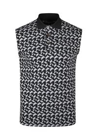 Sleeveless polo shirt in black and white, featuring a geometric pattern. Two button placket, black collar, cotton blend fabric.