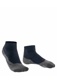 Granatowo-szare skarpetki do kostek z żeberkowym mankietem i wzmocnionym piętą. Charakteryzują się teksturowanym wzorem i czerwonym akcentem z boku.