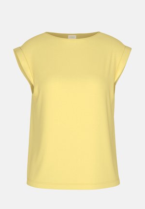 Weiche gelbe ärmellose Bluse mit umgeschlagenen Kanten und rundem Ausschnitt, präsentiert vor einem schlichten weißen Hintergrund.