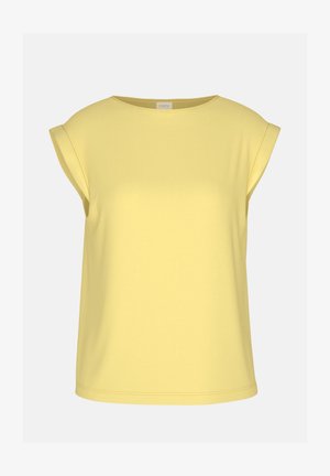 Weiche gelbe ärmellose Bluse mit umgeschlagenen Kanten und rundem Ausschnitt, präsentiert vor einem schlichten weißen Hintergrund.