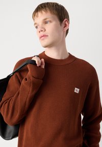 Bruin geribbelde gebreide trui met lange mouwen en een ronde halslijn, voorzien van een klein logo op de borst. Houdt een zwarte tas vast.