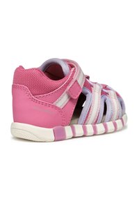 Sandalo resistente all'acqua di colore rosa e lavanda con lati in rete, cinturino in Velcro e suola testurizzata con accenti di un delicato viola.
