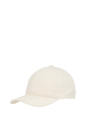 Cappellino da baseball beige chiaro in tessuto testurizzato. Presenta una visiera curva e accenti cuciti. Motivo logo sottile su tutto il materiale.