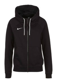 Haut de sweatshirt zippé noir en tissu doux, arborant un logo Nike blanc en haut à gauche et des cordons de serrage réglables sur la capuche.