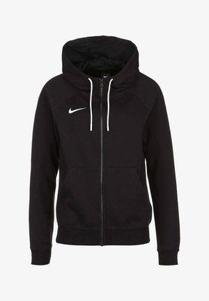 Felpa nera con zip realizzata in tessuto morbido, con logo Nike bianco nella parte superiore sinistra e cordini regolabili sul cappuccio.