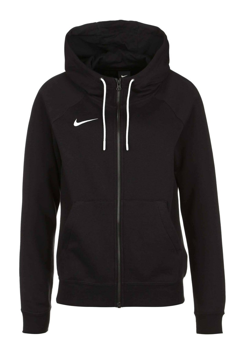Haut de sweatshirt zippé noir en tissu doux, arborant un logo Nike blanc en haut à gauche et des cordons de serrage réglables sur la capuche.