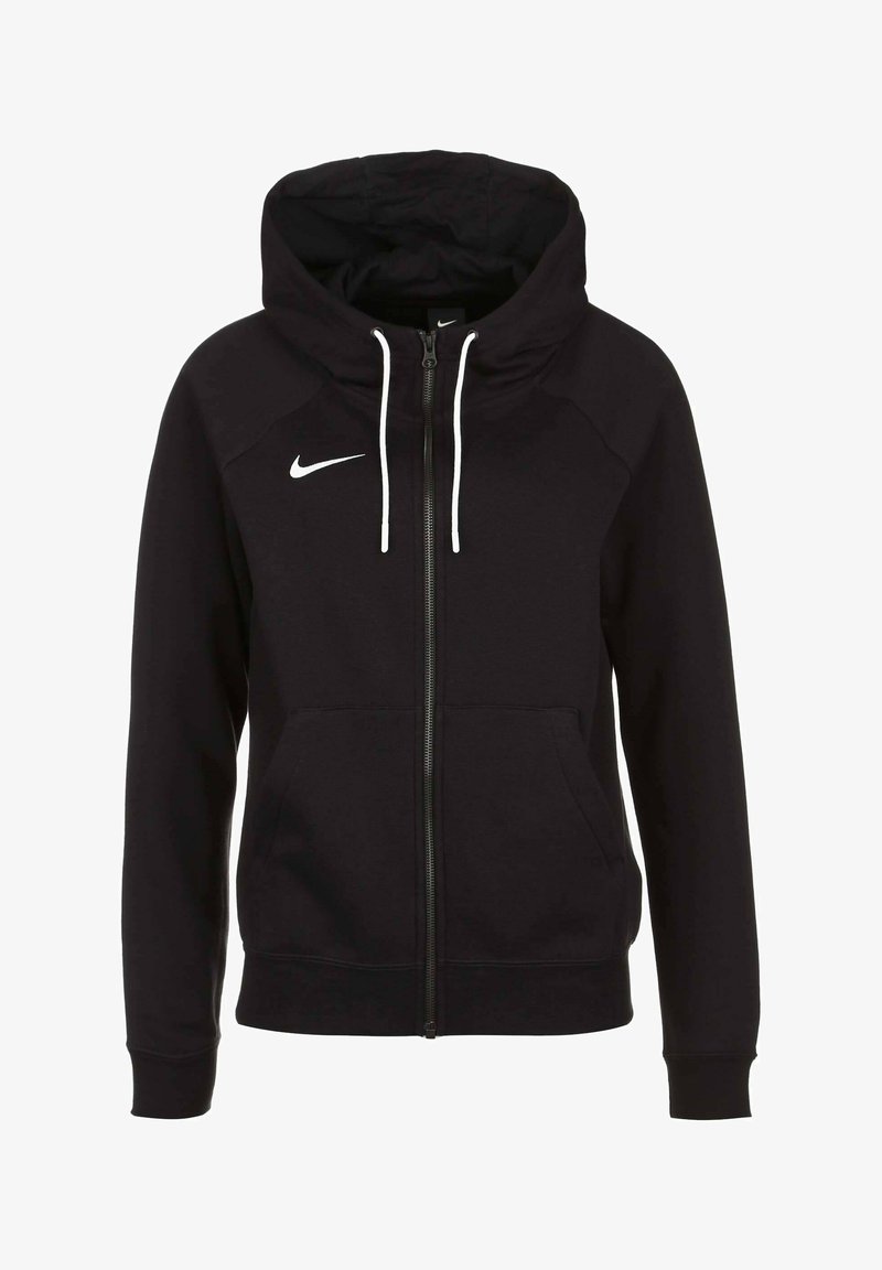 Zwarte zip-up hoodie, gemaakt van zachte stof, met een wit Nike-logo op de bovenste linkerkant en verstelbare koordjes op de capuchon.